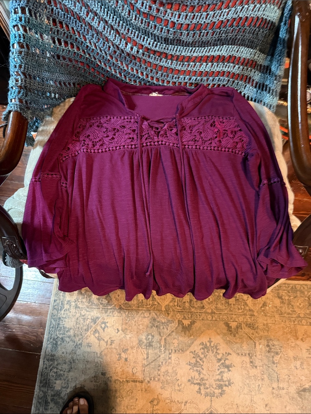 Eyeshadow Crochet Yoke Long Sleeve Tunic - Plum